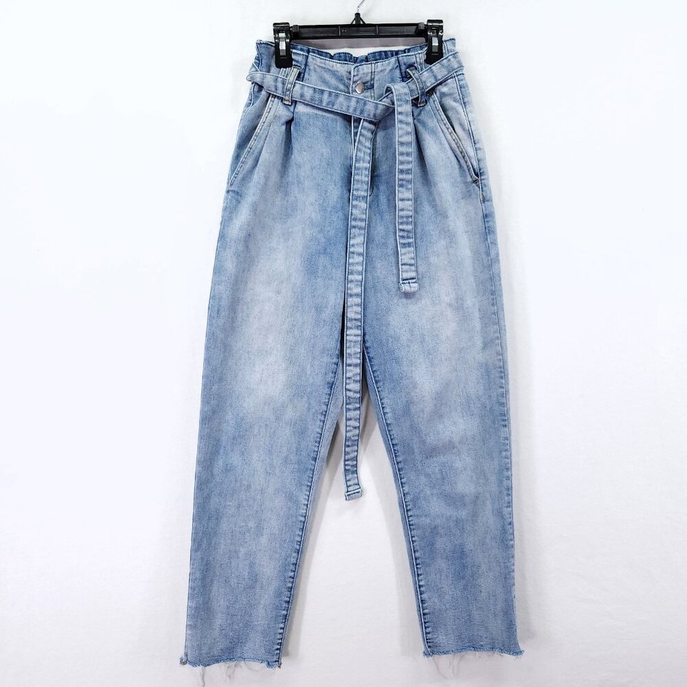 Aaron & Amber Paper Bag Mom Jeans Size Small Y2K Belted Raw Hem